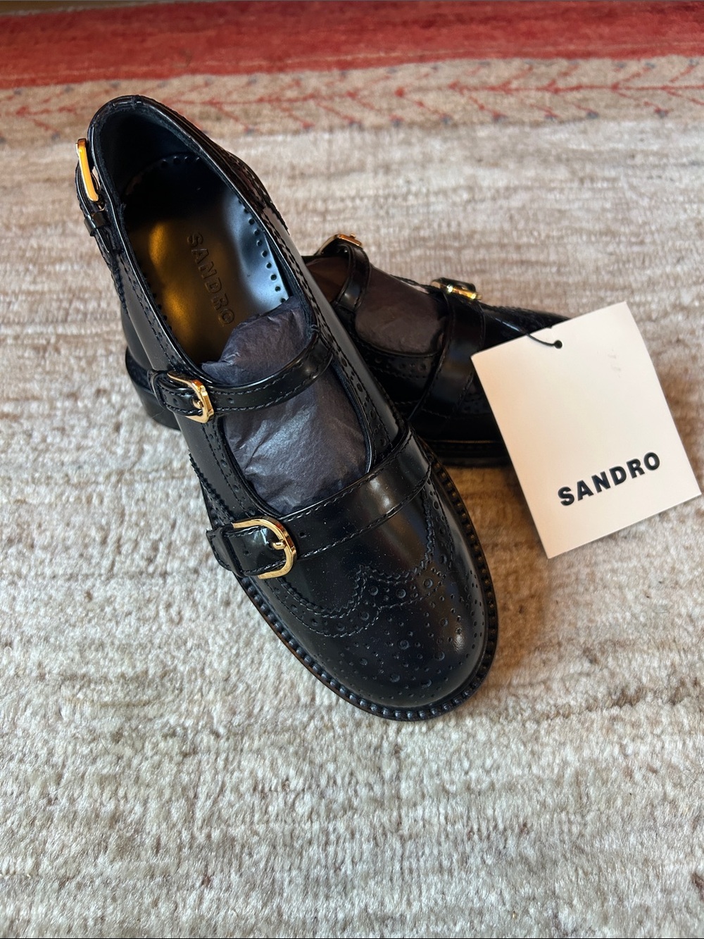 Sandro Multi-Buckle Mary Jane Loafers, Black, Wing Tip, Size 37FR, 7US MSRP $520 - Picture 3 of 11